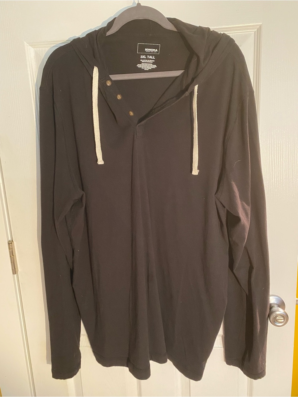 Sonoma Black Hooded Henley with Cream Drawstrings - Men